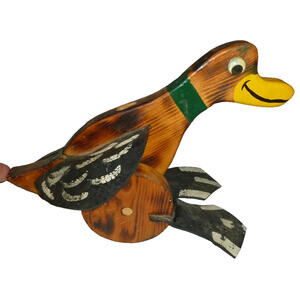 Vintage Hand Carved Hand Painted Wood Duck Quacker Factory Push Pull Flaps CUTE!